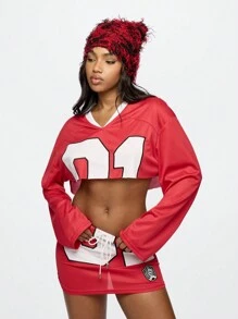 SUMWON WOMEN Jersey Athletic Varsity Style Cropped Football Top Sporty Team Number Long Sleeve Performance Casual Game Day Fall Winter Season Fashion