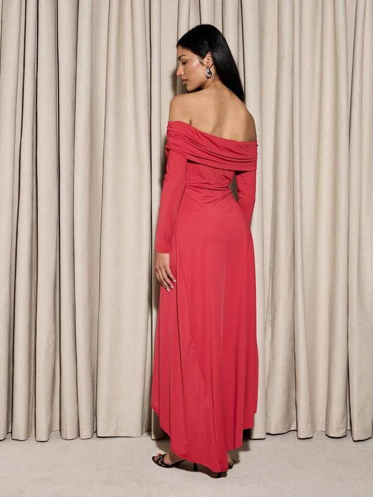 AiiRZ Elegant Off-Shoulder Long Sleeve Evening Dress With Ruched Neckline Asymmetrical Hem Party Wedding Guest Formal Occasion Dress With Draped Detail