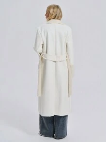EURMUSE Coat With Lapels, Slant Pockets, Belt - White - View 2