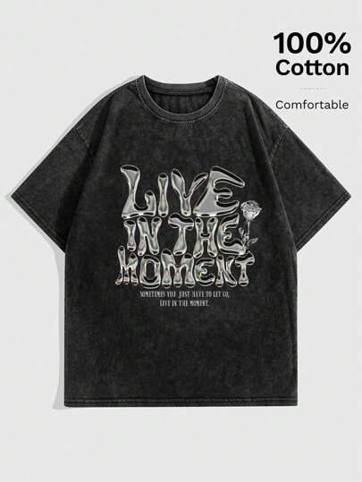 Grunge Punk Slogan Graphic Tee LIVE IN THE MOMENT SOMETIMES YOU JUST HAVE TO LET GO, LIVE IN THE MOMENT, School