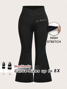 SHEIN CURVE+ Plus Size Minimalist English Print High Waist Waist Cross Design Micro Flared Long Tight Fitting Women's Leggings Suitable For Parties Suitable For Spring And Autumn Seasons