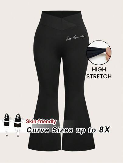 SHEIN CURVE+ Mallas ajustadas de mujer con diseño cruzado en la cintura y estampado en inglés minimalista de talla grande, apropiadas para fiestas y para las temporadas de primavera y otoño