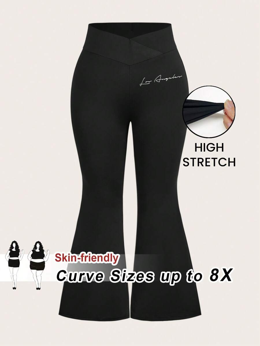 SHEIN CURVE+ Plus Size Minimalist English Print High Waist Waist Cross Design Micro Flared Long Tight Fitting Women's Leggings Suitable For Parties Suitable For Spring And Autumn Seasons