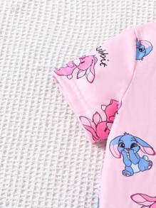 2pcs/Set Young Girl Cute Rabbit Print Flame Resistant Short Sleeve Shirt And Pants Pajama Set,Pink,Summer,Fairy,Family Matching,Holiday Travel Sleep - Pink - View 4