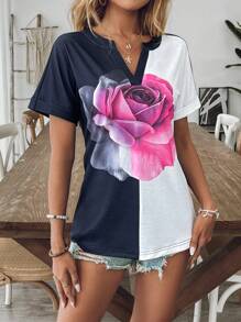 SHEIN LUNE Camiseta elegante ajustada con diseño floral jacquard de cuello en V, moda minimalista casual para uso diario - Multicolor - Ver 5