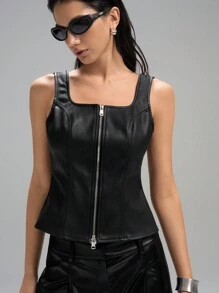 LYSMO Débardeur à zip avant de couleur unie - Noir - Voir 4