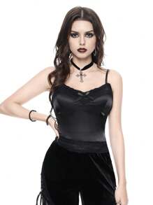 ROMWE Grunge Punk 女士纯色细肩带蝴蝶结装饰简约休闲上衣，适合日常穿着 - 黑色 - 查看 6