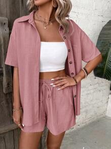 SHEIN Clasi Set de 2 piezas de camisa de manga corta y pantalones cortos de unicolor para mujer, uso casual sencillo y de moda diario