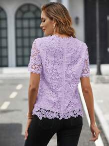 SHEIN Clasi Women's Solid Color Lace Trim Short Sleeve Casual Top, Everyday Wear