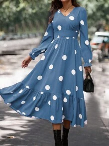 SHEIN Clasi 波尔卡圆点印花 V 领喇叭袖连衣裙长款女装
