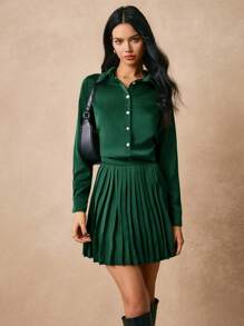 Poéselle Button Front Satin Blouse & Pleated Skirt - Dark Green - View 4
