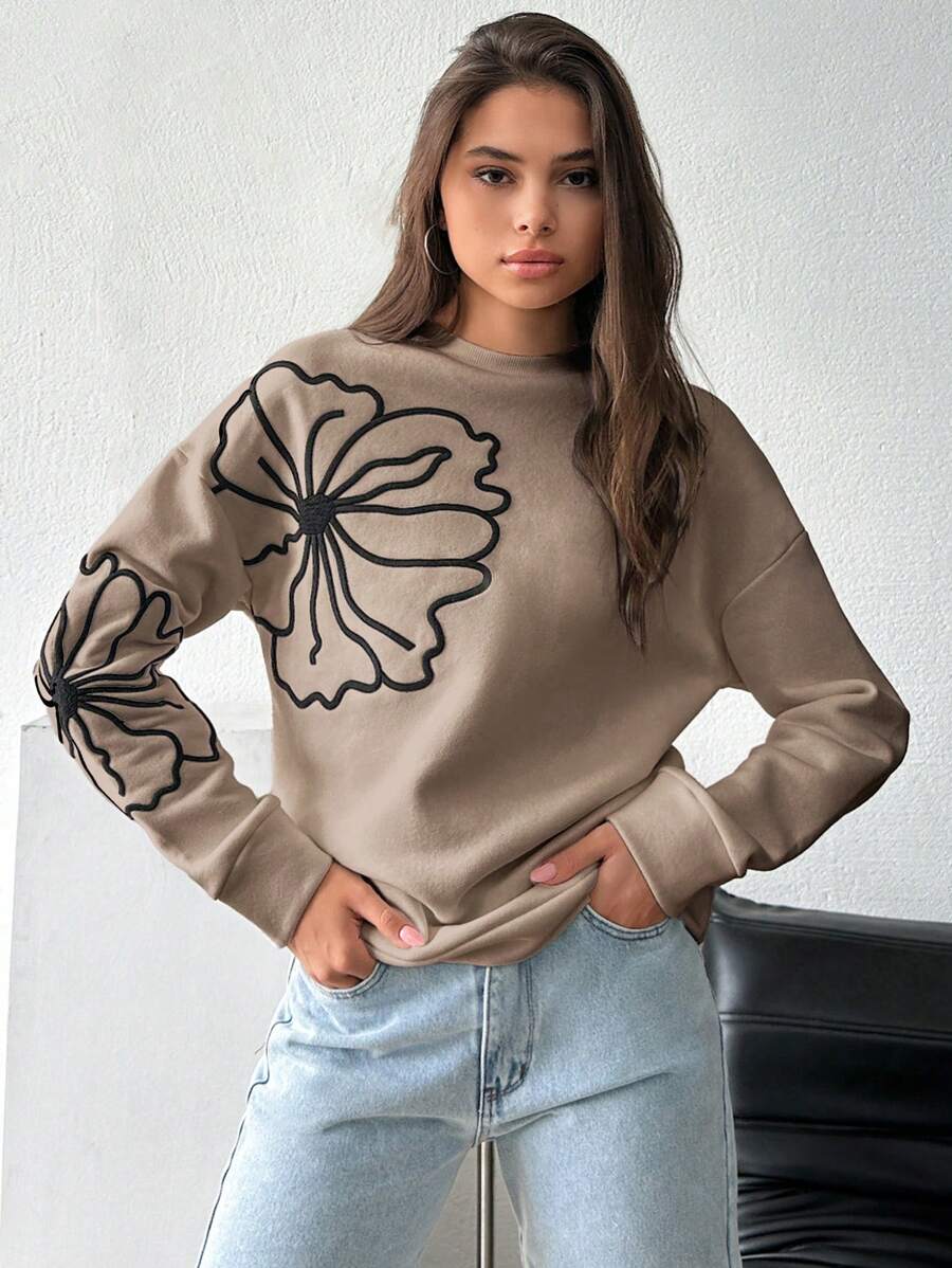 EURMUSE 100% Cotton FLOWER EMBROIDERY BLACK STITCHED WHITE SWEATSHIRT - Beige - View 1