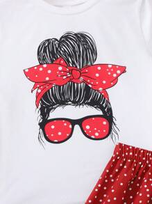 SHEIN Bộ 2 món áo thun dệt kim dễ thương thanh lịch cổ điển cho bé gái và váy dài in hoa, thích hợp cho kỳ nghỉ, thường ngày, lễ hội, ăn trưa, lễ hội âm nhạc, áo thun chấm bi và nơ có viền xếp nếp - Đỏ và trắng - Xem 4
