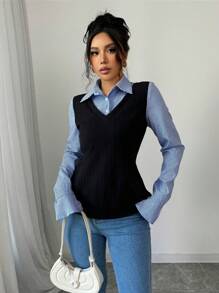 Elenzga Women Casual Color Block Striped Long Sleeve Regular Blouse, Autumn - Blue - View 1