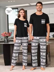 Geometric Pattern Print Leisure Patch Pocket Short Sleeve Pants Men Pajama Set - Black and White - View 5
