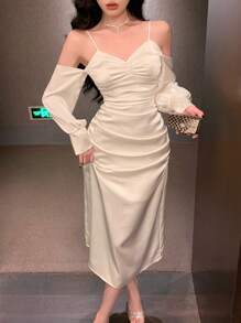 DAZY Đầm dài trễ vai màu trơn cho nữ Đầm dạ hội thanh lịch, Đầm cưới, Đầm thu Đầm dài tay - Màu be - Xem 3