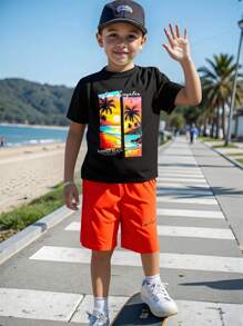2pcs/Set Tween Boys Beach Holiday West Coast Graphic Print Round Neck Short Sleeve T-Shirt And Drawstring Sports Shorts, Spring/Summer