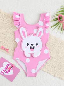 SHEIN Infant/Baby Girl Cute Bunny Embroidery & Polka Dot Print One-Piece Swimsuit - Multicolor - View 1