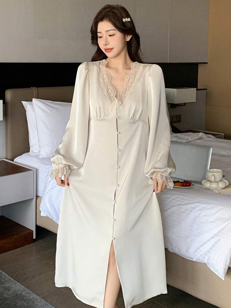 Women's Romantic Lace Patchwork Robe Pajama