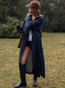 Livesso 女士休闲户外纯色收腰长袖风衣，春夏秋季女装外套 - 藏蓝色 - 查看 5