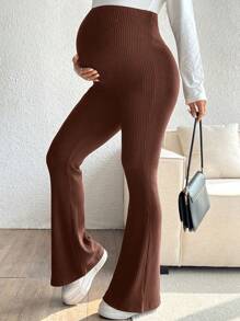 SHEIN Maternity Solid Color Casual Adjustable Slim Fit Pants - Coffee Brown - View 3