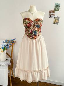 Soleia Plus Size Damska Elastyczna Talia Koronkowa Patchworkowa Spódnica A-Line, Styl Wakacyjny Na Wsi