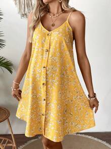 SHEIN Váy ngắn in họa tiết hoa đơn giản cho bà bầu có dây đeo mảnh cài nút phía trước - Màu vàng - Xem 1