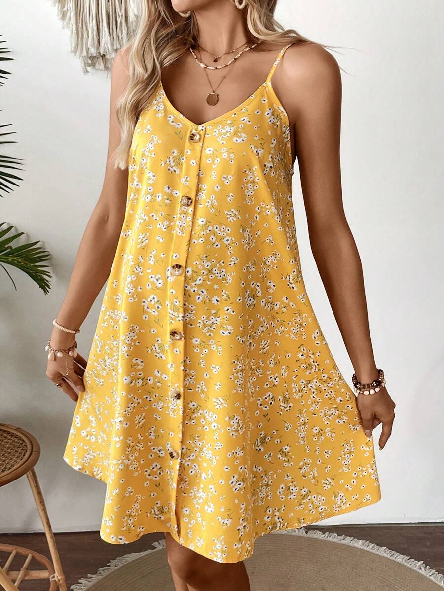 SHEIN Váy ngắn in họa tiết hoa đơn giản cho bà bầu có dây đeo mảnh cài nút phía trước - Màu vàng - Xem 1