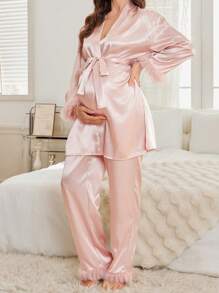 Moonlight&Mama 羽毛拼布设计仿丝孕妇长袖长袍和长裤套装 - 粉色 - 查看 3