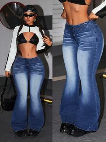 SHEIN ICON Women Button Front Pocket Minimalist Flared Leg Casual Jeans - Blue - View 1