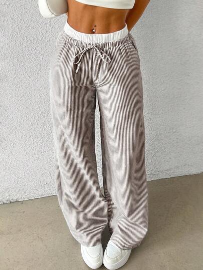 SHEIN EZwear Brown Striped Women's Woven Casual Pants, Spring/Summer