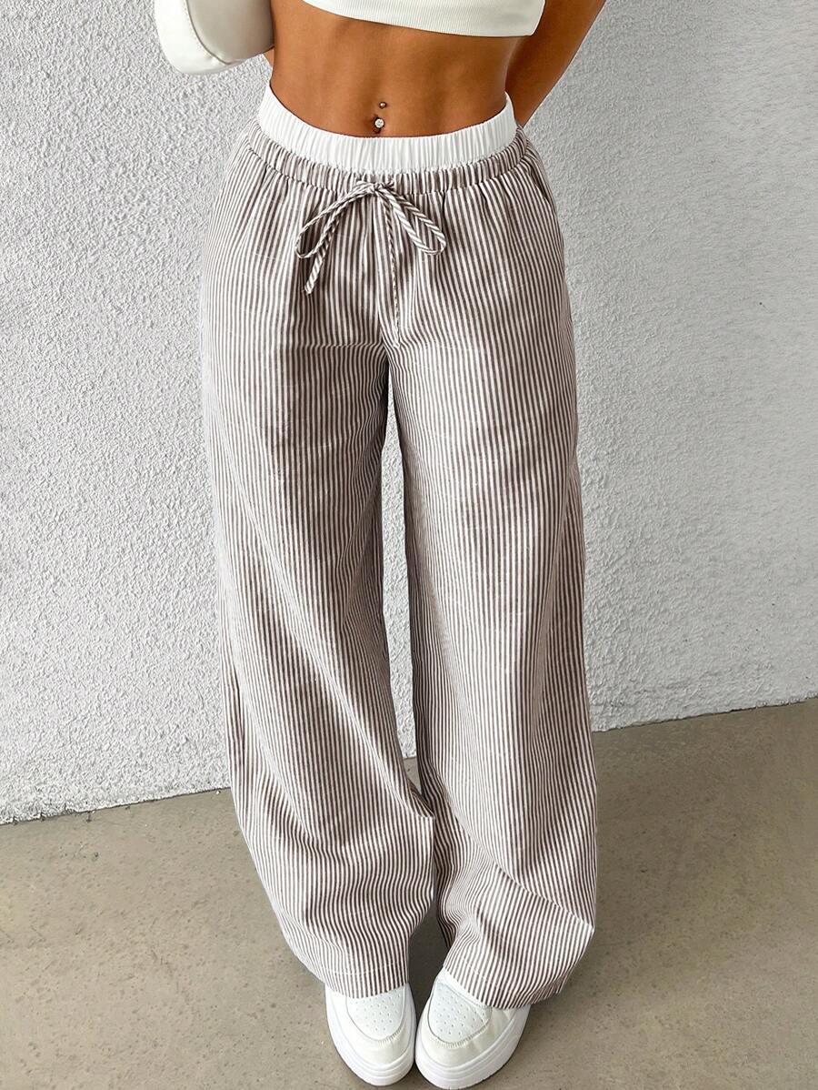 SHEIN EZwear Brown Striped Women's Woven Casual Pants, Spring/Summer - Khaki - View 1
