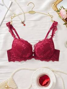 1 件女士蕾丝花朵舒适厚杯性感聚拢支撑钢圈文胸，1 件内衣 - 酒紅色 - 查看 1