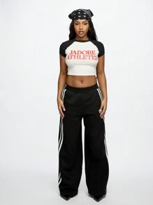 SUMWON WOMEN Athletes Crop Top Baby Tee Raglan Style Retro Athletics Gym Sports Workout Tee Urban Streetwear Fashion Statement