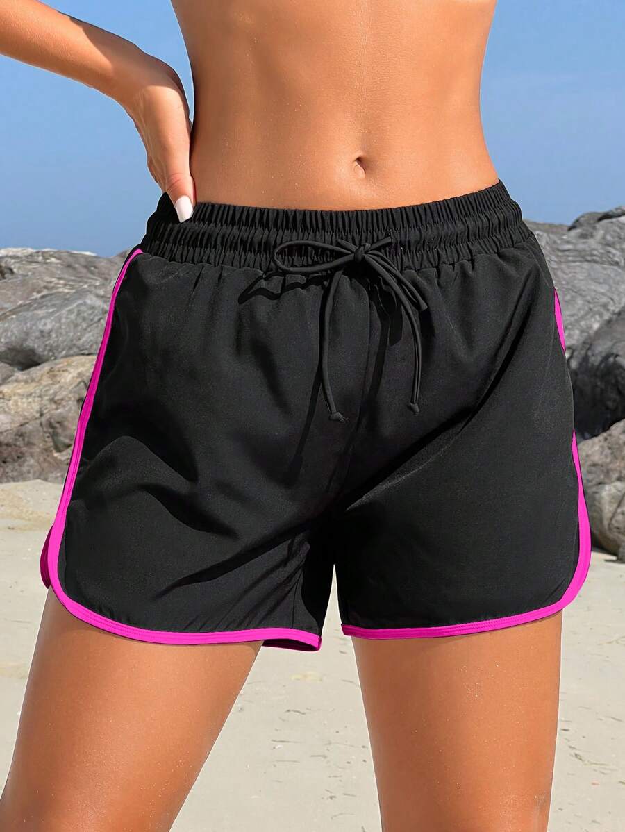 Swim SPRTY Quần short bo gấu cạp chun rút dây tương phản cho nữ, dành cho kỳ nghỉ hè - màu đen - Xem 1