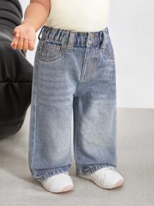 SHEIN Baby Girls' Vintage Blue Denim Wide-Leg Pants