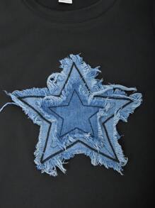 SHEIN Explorewe Tween Girls Round Neck Bodycon Star Embroidery Mini Dress - Black - View 8