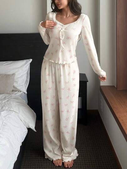 DAZY 甜美蕾丝拼接蝴蝶结荷叶边睡衣套装，秋冬服装