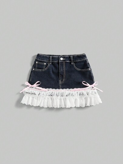 Kawaii Y2K Style Cute Girl's Bowknot Strap Criss Cross Lace Patchwork Denim Tight Pencil Skirt