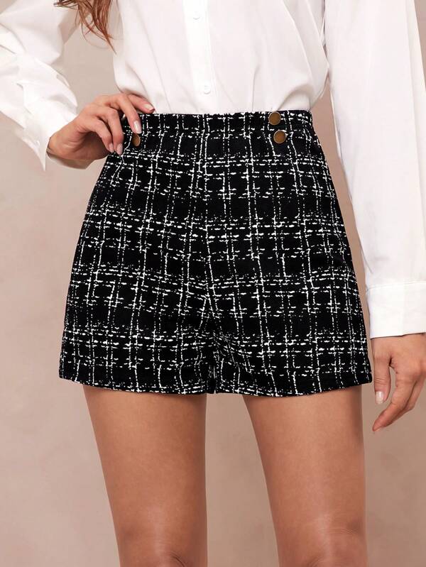 Amorya Ropa de regreso a clases para otoño, ropa de mujer estilo antiguo moneda, ropa casual de profesor con detalles de botones en pantalones cortos a cuadros