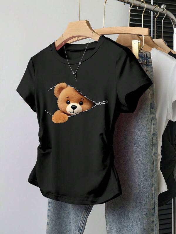 GraphicGems Teen Girl Casual Minimalist Bear Print Ruched Short Sleeve T-Shirt
