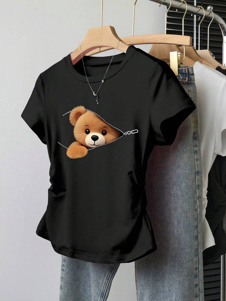 Sparklyn 青少年女孩休闲简约熊印花褶皱短袖 T 恤