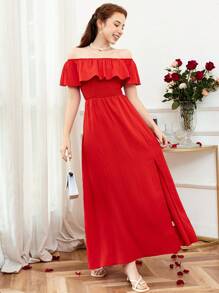 Teen Girl Ruffle Off Shoulder Convertible Shirred Slit Dress - Red - View 6