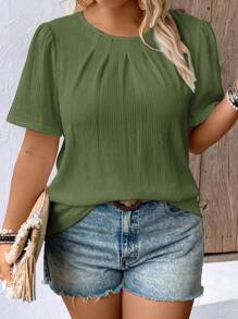 Momelise 大码纯色圆领短袖休闲衬衫，简约风格