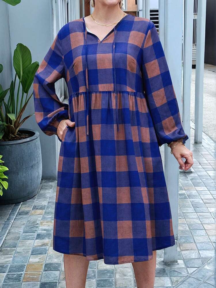 Plus Size Women Plaid Lantern Sleeve Loose Pocket Casual Dress Vacation Outfits Woman Spring Summer