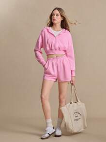 Women Solid Color Long Sleeve Zip-Up Hooded Sports Jacket