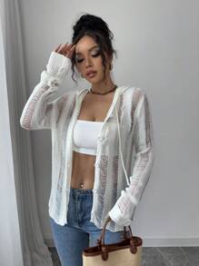 SHEIN Unity Women's Solid Color Front Button Long Sleeve Simple Hoodie Top, Casual Everyday Wear Fall Cloth For Women - White - View 7
