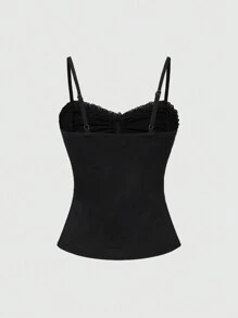 ROMWE Goth Cross Pendant Lace Patchwork Ruched Snug Fit Women Tank Top - Black - View 2