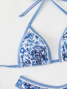 SHEIN Swim Springbreak 女士夏季随机花卉印花细肩带上衣和高腰比基尼下装度假泳装套装 - 彩色 - 查看 4