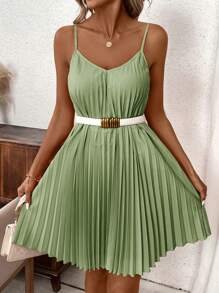 SHEIN Clasi 橙色褶皱露肩长裙珊瑚色连衣裙春季连衣裙 - 薄荷綠 - 查看 4